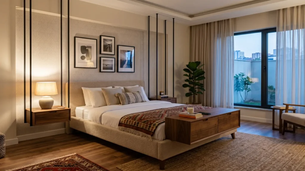 Minimalist ev eşyaları içerisinde yer alan havaa asılı duran gece komodinleri
