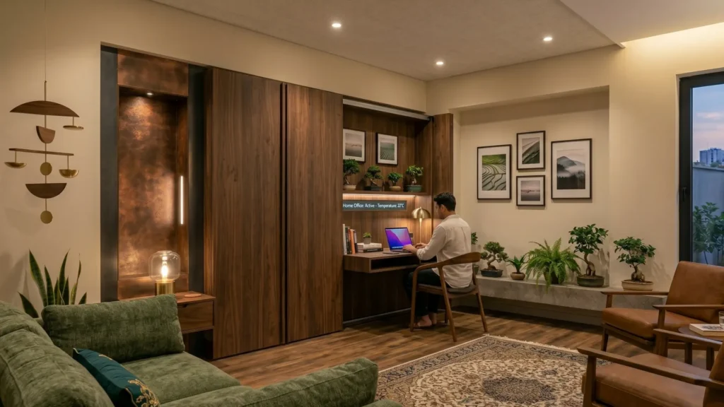 Minimalist küçük ev dekorasyonlarında gömme raylı ve katlanabilir masa kullanımı